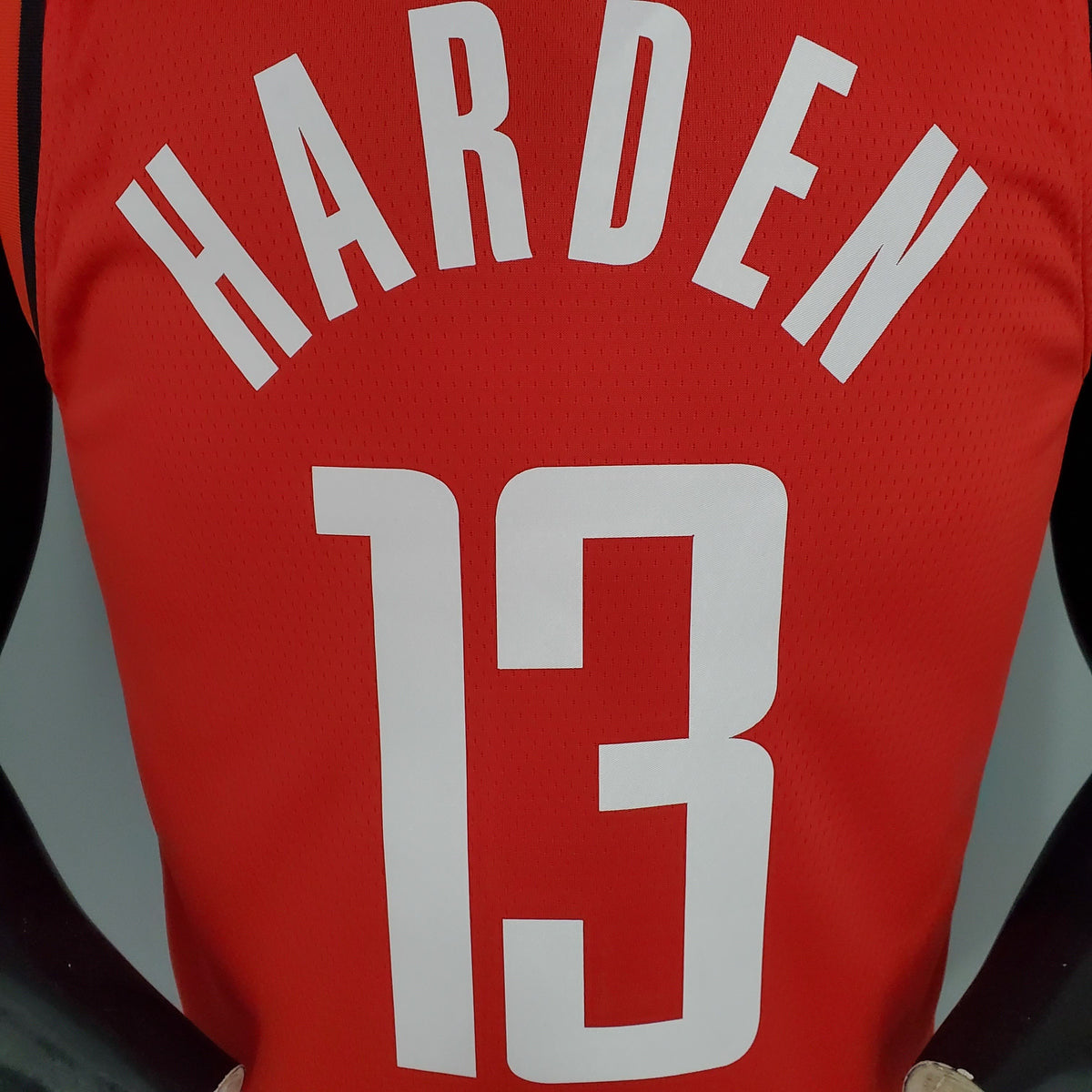 Houston Rockets red basketball jersey hem label close-up