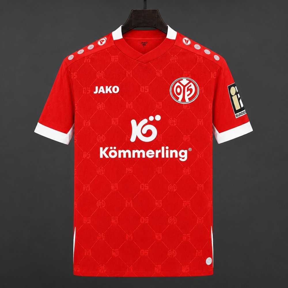 Mainz Home Jersey 2026/27 front view in red with tonal diamond pattern, white cuffs and club crest