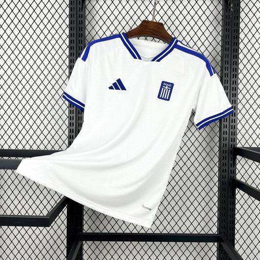 Front view of the white Greece Away Jersey 2026 with blue collar, shoulder, and sleeve trim
